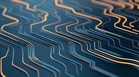 Flowing abstract wavy lines in navy blue and gold create dynamic pattern with depth and movement. Modern minimalist design background for luxury branding and tech concepts.