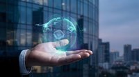 Global business network connection in hand with digital globe hologram, representing international commerce, technology innovation, and worldwide digital communication for corporate solutions.