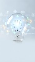 Glass light bulb with glowing digital icons and symbols floating around representing innovation, creativity and bright ideas for business solutions.