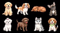 Cute puppy breeds clipart set isolated on transparent background, ready for t-shirt design, stickers, print on demand, sublimation, and digital crafts.