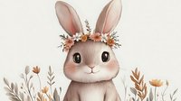 Sweet bunny rabbit wearing floral crown with daisies and leaves in soft beige and orange tones against light background, nursery art style illustration.