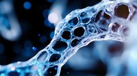 Macro photography of delicate soap bubble structure in blue tones showing intricate honeycomb patterns and light reflections, demonstrating surface tension and fluid dynamics.