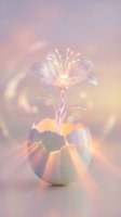 Glowing translucent flower emerging from cracked eggshell with warm bokeh lights on soft pink gradient background for spring rebirth concepts.