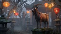 Bronze goat statue stands majestically on stone pedestal in traditional courtyard illuminated by warm glowing lanterns creating mystical atmospheric scene.