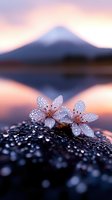 Delicate cherry blossoms with morning dew drops against mountain silhouette at sunrise, reflecting in calm lake water. Soft pink and purple tones create dreamy atmosphere.