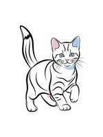 Cute tabby kitten with striped markings sitting playfully on white background, isolated pet illustration for design projects and creative materials.