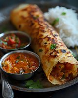 Crispy rolled Indian dosa filled with spicy potato masala, served with coconut chutney and sambar curry sauce alongside steamed rice and fresh herbs.