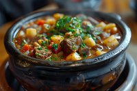 Hearty beef and potato stew with carrots and fresh herbs in traditional clay pot, rich brown broth garnished with chopped parsley, close-up view of homemade meal.