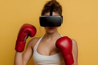 Young athletic woman in white tank top wearing VR headset and red boxing gloves against yellow background, ready for virtual fitness training session.