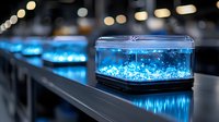 Glowing blue crystals in illuminated display case with bokeh background creates futuristic atmosphere. Modern retail jewelry presentation on reflective surface.