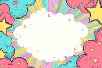 Playful comic style frame with hearts and stars in pink and turquoise colors on sunburst background, central white cloud shape for text or design elements.