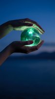 Hands protecting glowing green crystal ball against blue twilight sky for fortune telling, mystical energy, spiritual guidance and environmental protection concepts.