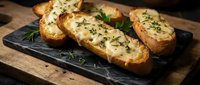 Crispy garlic bread slices with herbs on dark slate board, perfect for restaurant menus, food blogs, and culinary advertising materials.