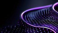 Glowing purple neon light illuminating metallic mesh fabric with waves and curves creating futuristic abstract background with dramatic shadows.