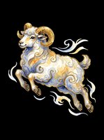 Aries zodiac ram with golden horns and swirling watercolor details, isolated on transparent background, ready for stickers, sublimation, and t-shirt design.