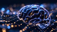 Glowing digital brain with neural network connections on dark background with bokeh lights, representing artificial intelligence and machine learning technology.