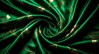 Luxurious green satin fabric with golden floral embroidery, swirling in elegant folds, showcasing rich texture and opulent design for fashion and decor.