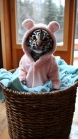 Baby tiger cub wearing pink fluffy hooded costume with ears sitting in woven basket with blue blanket, looking directly at camera against window background.