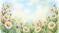 Watercolor daisy field border with white flowers and green stems on soft blue sky background, copy space for text.
