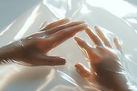 Hands pressing against translucent plastic film creating ethereal light effect and shadows. Artistic abstract composition showing connection through barrier.