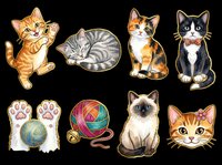 Cute cats and kittens collection isolated on transparent background. Eight playful feline characters including tabby, orange, black and white, and Siamese cats with paws and yarn balls. Ready for t-shirt designs, stickers, clipart, and print-on-demand products.