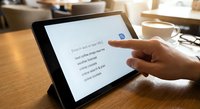 Person using tablet computer with finger touching screen displaying search interface in modern cafe workspace environment for digital communication.