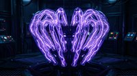 Purple neon angel wings glowing in futuristic sci-fi corridor with digital light trails and cyberpunk atmosphere for fantasy gaming design projects.