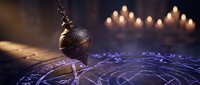 Mystical pendulum swinging over glowing zodiac circle with candles creating magical fortune telling atmosphere for spiritual guidance and divination practices.
