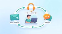 Customer service support system with male representative at computer surrounded by communication channels including phone, email and live chat options.
