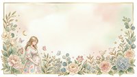 Woman in vintage dress surrounded by blooming roses, peonies, and botanical foliage in soft watercolor style. Isolated design element for invitations, greeting cards, and decorative projects.