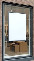 Blank white poster mockup in modern storefront window display on brick building for advertising and promotional campaigns.