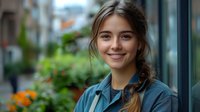 Young woman with braided hair and natural makeup smiling warmly outdoors, wearing casual blue shirt against blurred urban background with flowers.