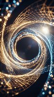 Glowing spiral tunnel with golden and blue light particles creating concentric circles and bokeh effects against dark background for digital art and technology concepts.