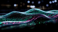 Abstract digital wave with glowing particles in cyan and magenta colors on dark background. Modern technology and data visualization concept for presentations.