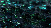 Glowing green and blue circuit network with connected cubes and lines creating futuristic technology pattern against dark background, digital transformation concept.