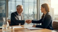 Senior businessman and young professional woman shaking hands in modern office meeting room during successful business negotiation with city view background.