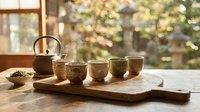 Traditional ceramic tea set with teapot and cups on wooden tray in sunlit room with warm natural lighting creating peaceful atmosphere for relaxation.