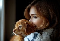 Young Caucasian woman with brown hair in gray sweater embracing ginger cat while looking through window, atmospheric moody portrait in soft natural light.