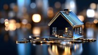 Small house model on stack of coins against blurred bokeh background, illustrating real estate investment, property finance, and home savings concept.