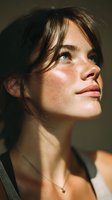Close-up profile portrait of young woman with freckles gazing upward in warm natural light, showcasing natural beauty and contemplative expression.