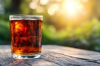 Glass of cold cola with ice cubes on rustic wooden table outdoors at sunset. Refreshing carbonated drink with golden bokeh background creates summer mood.