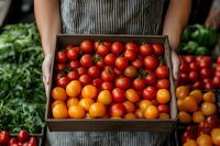 Fresh red and yellow tomatoes in wooden box held by farmer in striped apron at local market. Organic produce display with vibrant colors and natural lighting.