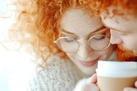 Young redhead woman with curly hair and glasses enjoying hot coffee drink in cozy morning light atmosphere for lifestyle and beverage concepts.