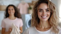 Young Caucasian woman with wavy blonde hair and bright smile in white t-shirt at laundromat, with brunette female customer in background folding clothes.