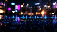 Abstract digital sound wave visualization with glowing blue frequency bars on dark background with bokeh lights and reflective surface. Music equalizer concept.