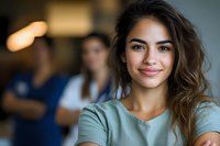 Young Hispanic woman smiling at camera in modern office environment with colleagues working in blurred background. Professional workplace portrait.