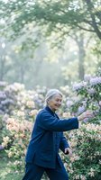 Senior Asian woman practicing tai chi in blooming garden with soft morning light filtering through trees for wellness and mindfulness concepts.