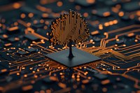 Digital tree growing from circuit board with glowing orange connections and pathways, symbolizing technological growth and artificial intelligence advancement.