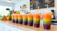 Colorful rainbow layered smoothies in clear glasses with straws lined up on wooden counter in modern juice bar cafe interior.