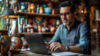 Middle-aged Hispanic businessman with glasses working on laptop in artisan pottery workshop, surrounded by colorful ceramic vases and traditional crafts.